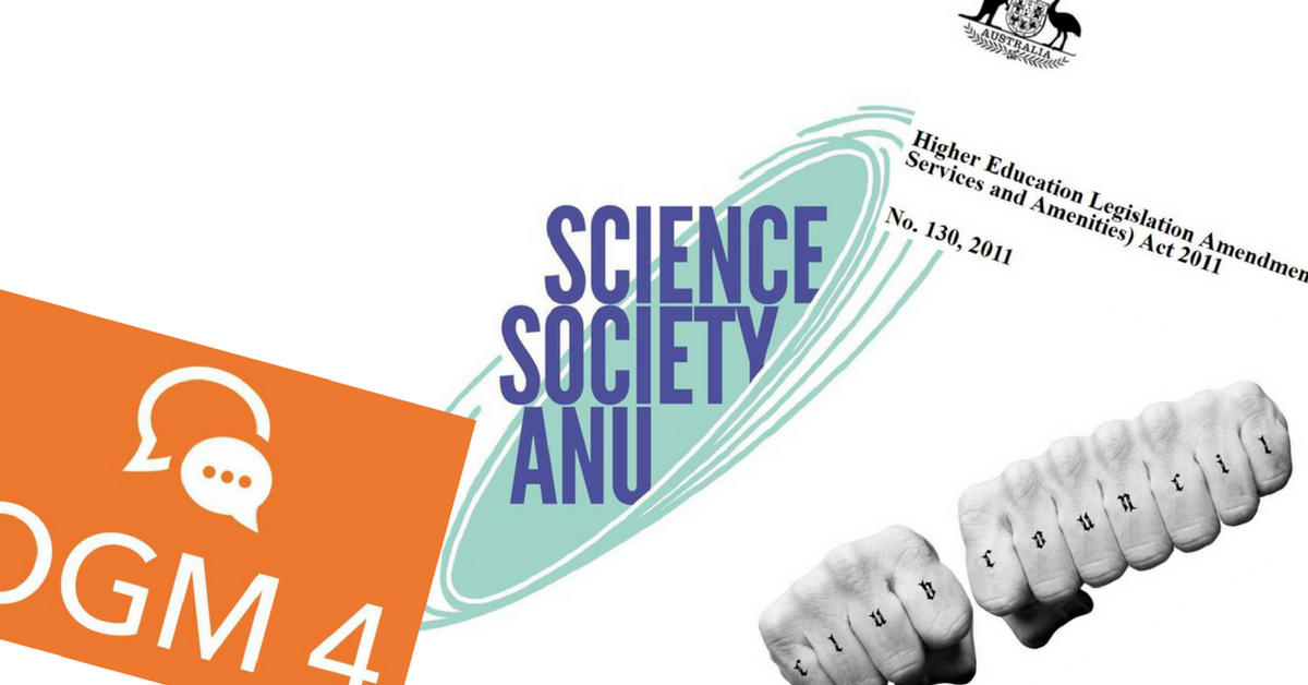 The Science Society and Clubs Council logos, alongside the OGM 4 banner and the SSAF legislation heading