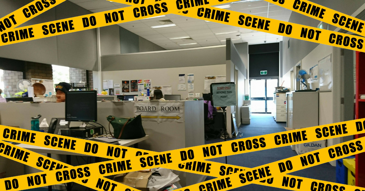 An image of the ANUSA Offices with cartoon police tape
