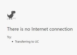 An image of Chrome's no internet screen, with the suggested action of transferring to UC