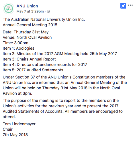 Post on the ANU Union Facebook page detailing time of their General Meeting