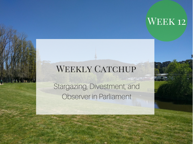 weekly catchup graphic with text 'Stargazing, Divestment, and Observer in Parliament