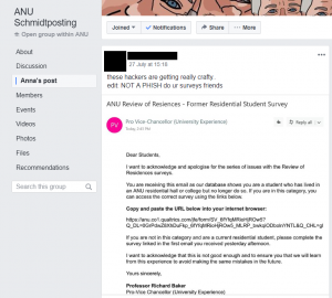 A post on ANU Schmidtposting suggesting the email is spam.