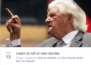 Event from SDA for ANUSA page titled 'Learn to roll ur own durries'