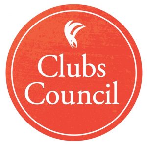 A burnt orange circle, with the words "clubs council" and the ANUSA logo inset in white