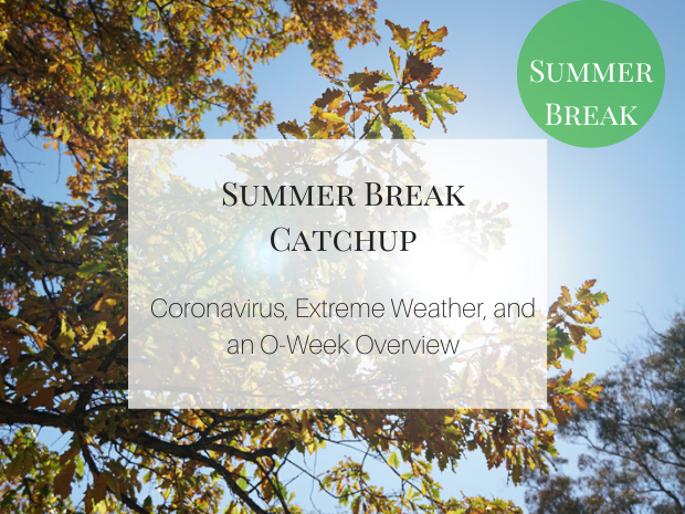 Weekly catchup graphic with text 'coronavirus., extreme weather, and an O-Week Overview'